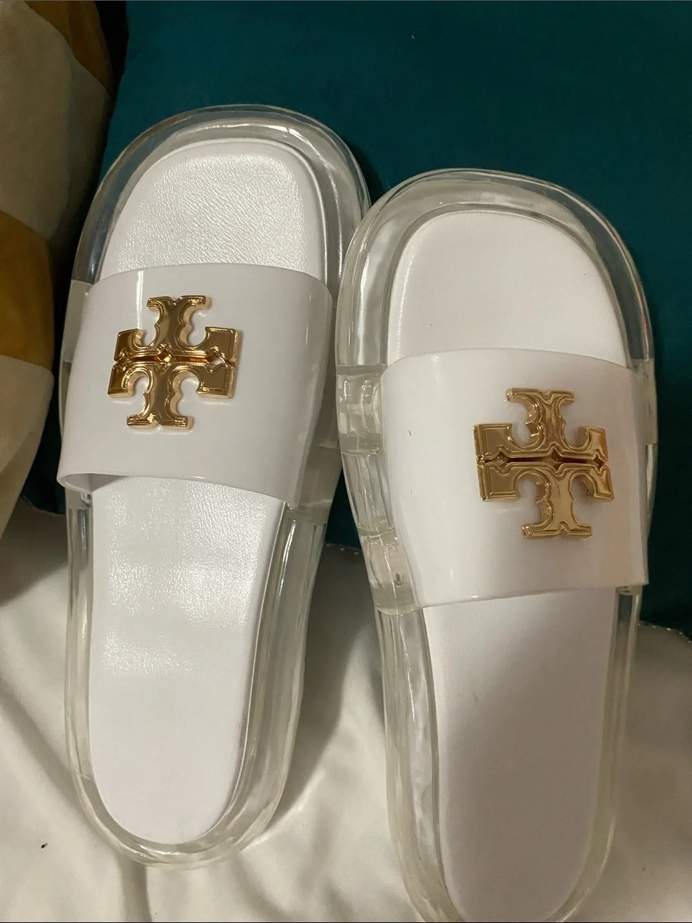 Tory Burch White Slides with Gold Logo Accent